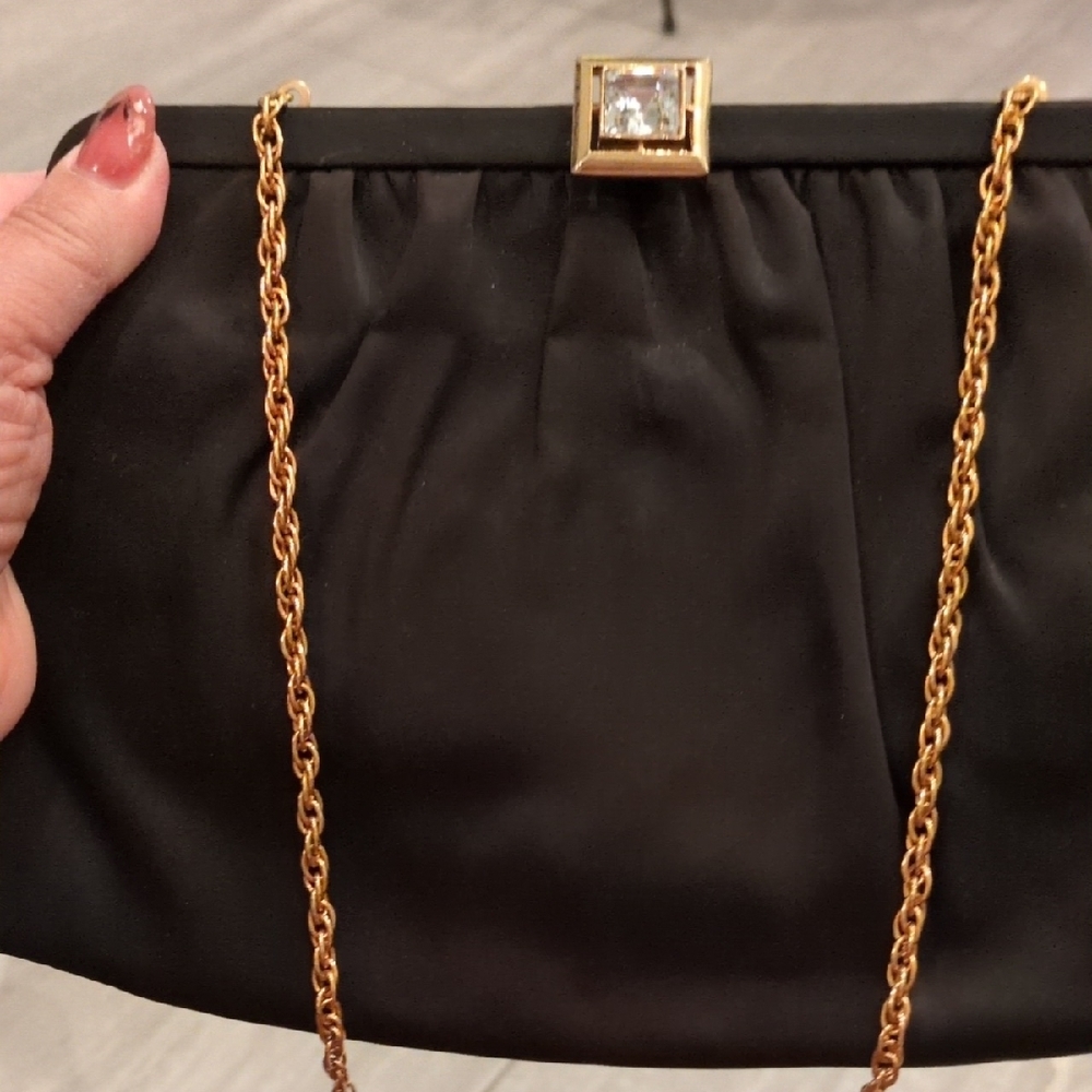 70's Vintage Black Clutch Bag with Gold Chain
